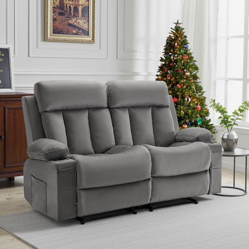 Grey Velvet Electric Recliner Loveseat with Massage, Heating and USB Ports - 61 x 35.55 x 42.13 in