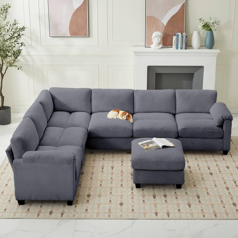 Corduroy Corner Sectional Sofas with a Removable Ottoman, L-shaped Reversible 7-seat Modular Couch