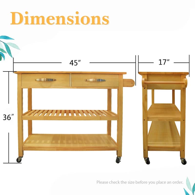 45" Kitchen Island Cart with Wheels, 2 Drawers & Open Storage Shelves - 45 x 17 x 35 inches