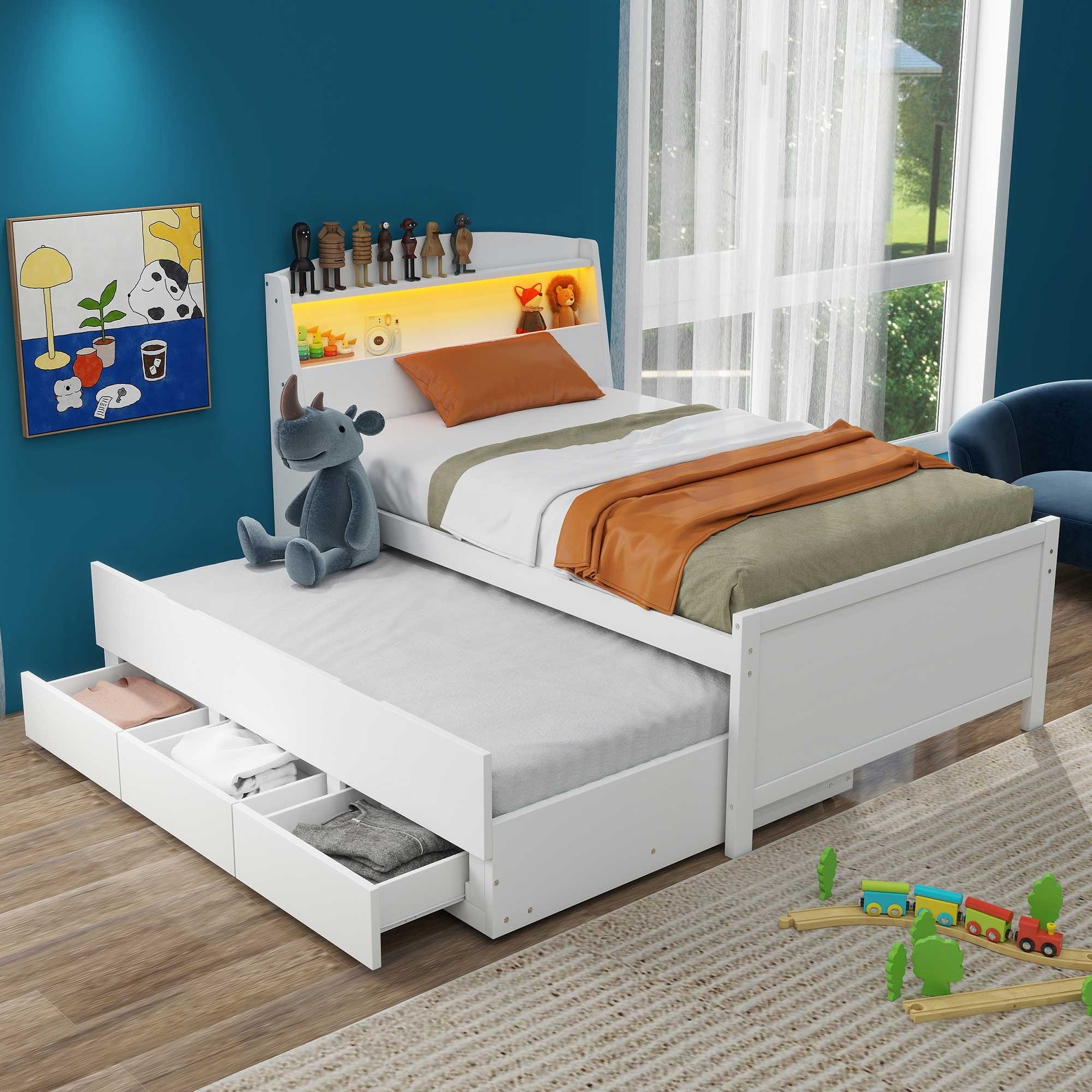 Twin Size Platform Bed with Storage LED Headboard, Twin Trundle & 3 Drawers, White