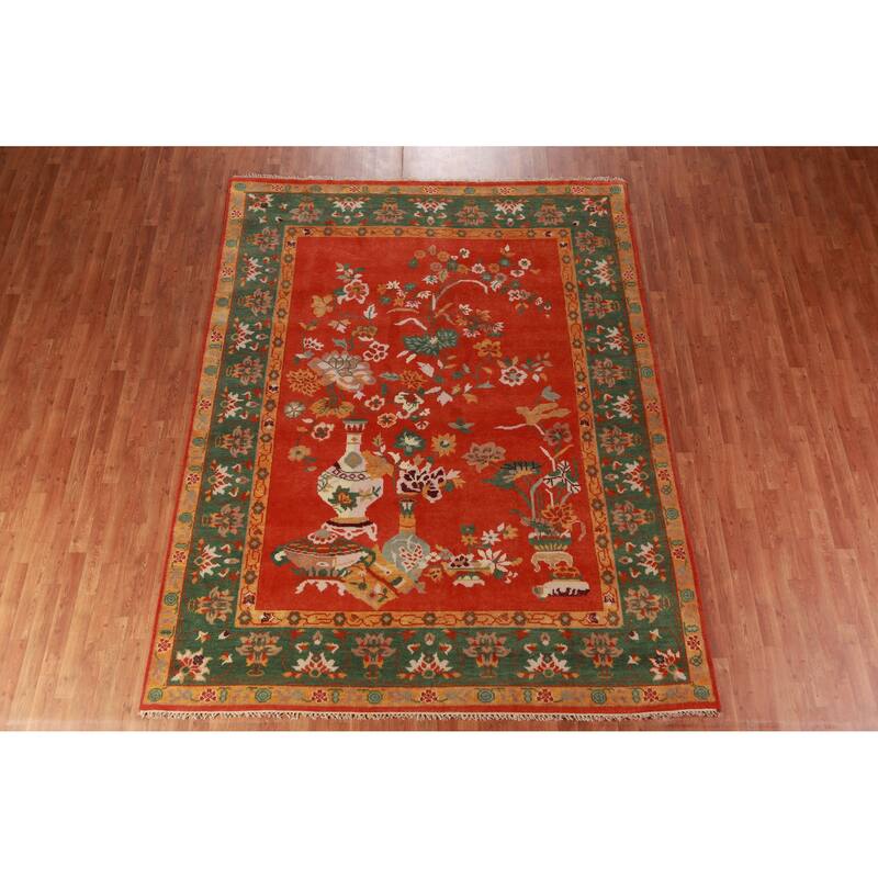 Floral Orange Art Deco Oriental Area Rug Handmade Wool Carpet - 7'10" x 10'0"