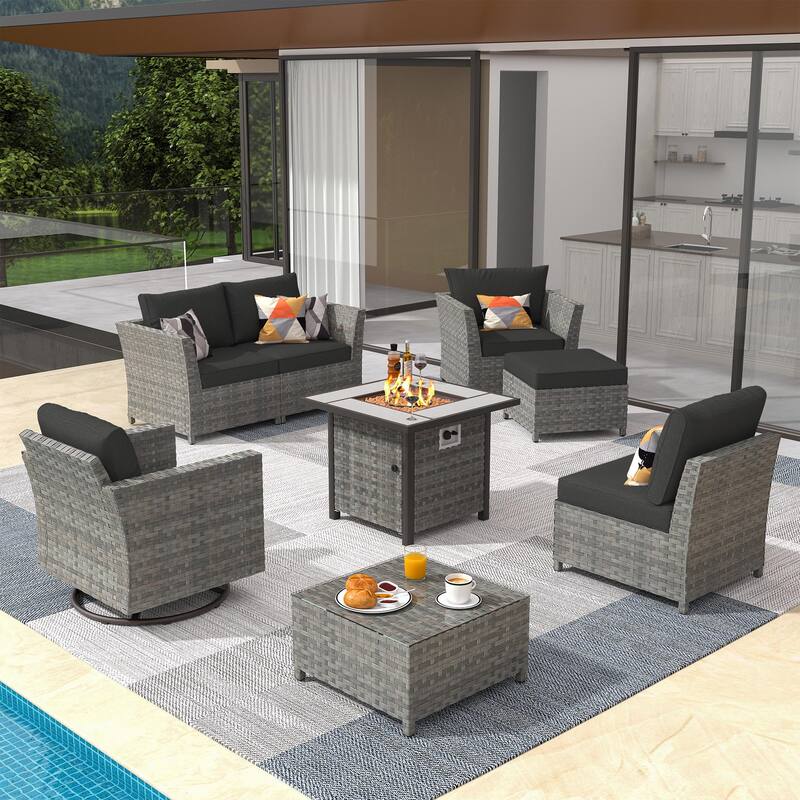 XIZZI 8-piece Outdoor Furniture Wicker Sofa Set with Fire Pit - Black