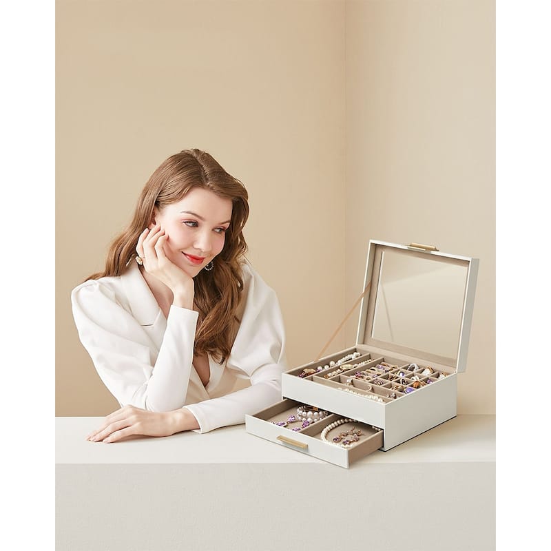 Modern Jewelry Organizer with Multiple Drawers Glass Top and Velvet Interior for Storage
