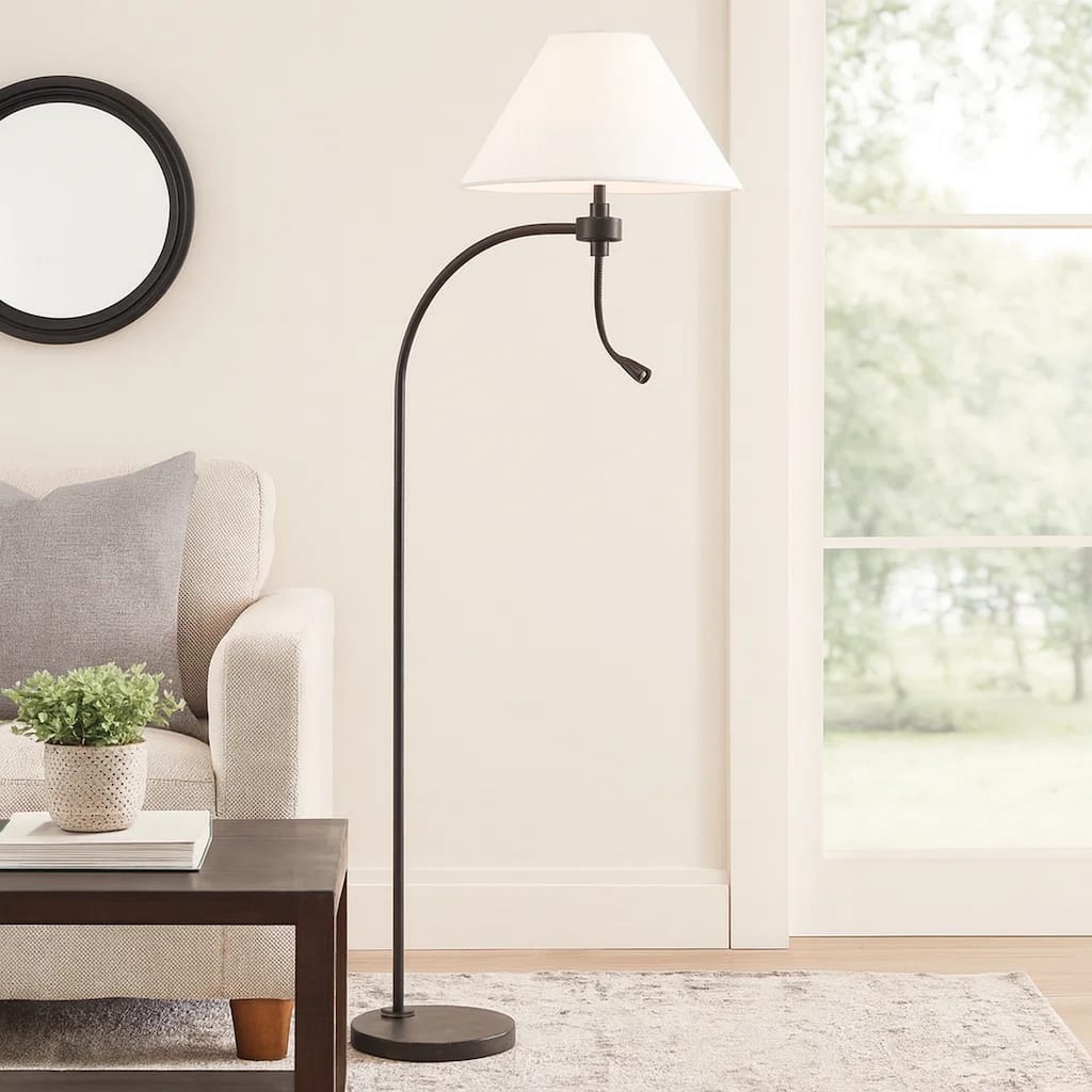 Ashy 68 Inch Floor Lamp, Gooseneck LED, White Shade, Black Arc Pole