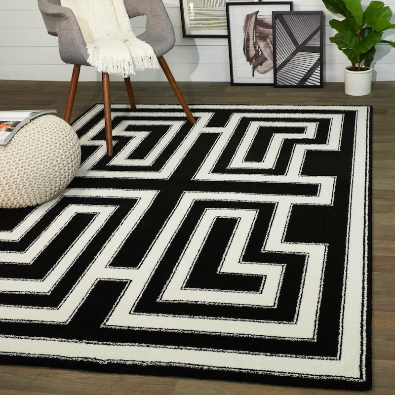 Vincent Art Deco Border Area Rug - 5'3" x 7' - Black