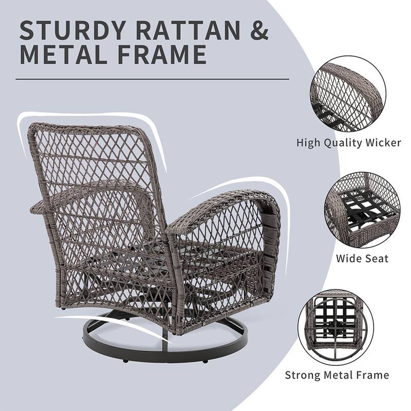 3 Pieces Outdoor Swivel Rocker Chairs, 360 Degree, Thickened Cushions & Glass Coffee Table