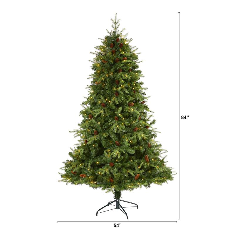7ft Artificial Christmas Tree with Lights & Pine Cones - Holiday Spruce Decor - Green - 84
