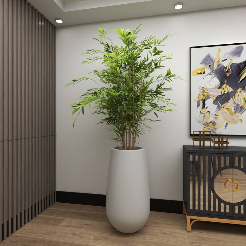 Green Faux Foliage Bamboo Artificial Tree with Realistic Leaves and White Fiberglass Pot