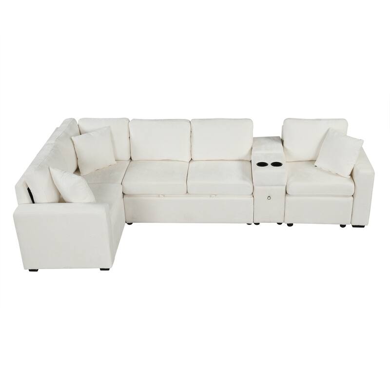 L-Shaped Modular Sectional Sofa with Pull-Out Bed, Chenille Convertible Sleeper Sofa Bed with Cup Holders & Multiple Storage