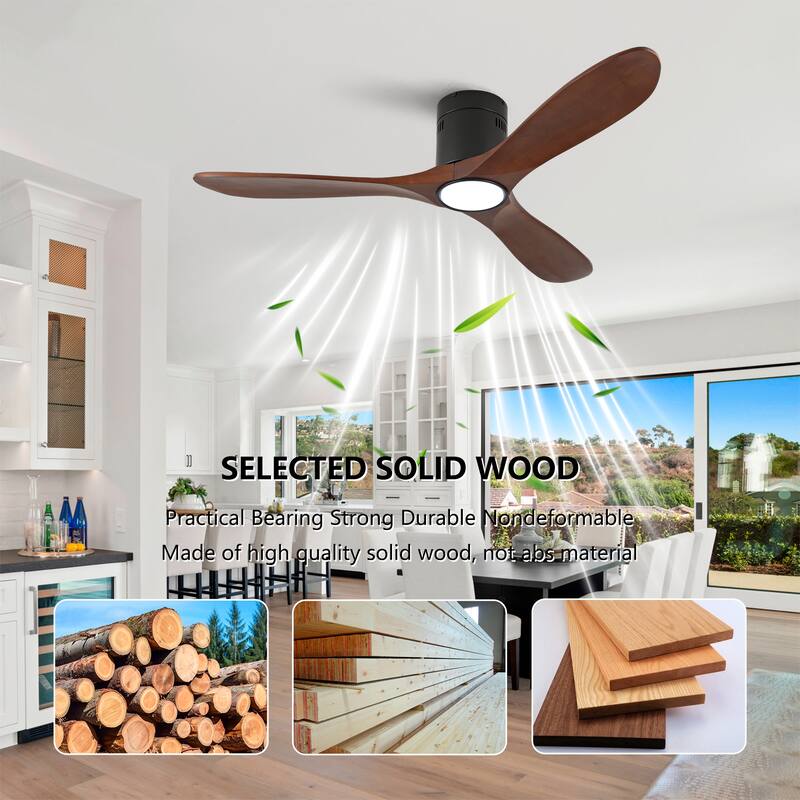 52-Inch Recessed Ceiling Fan With Light, Remote Control, Solid Wood Blades, Dimmable, Reversible, Quiet Operation - Black