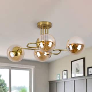 Mid - Century Modern 4/6- Light Chandelier, Brass Frame with Glass Globes