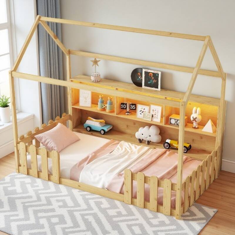 Twin Wooden House Bed with LED Light, Built-in Bookshelf & Safety Guardrails - Natural