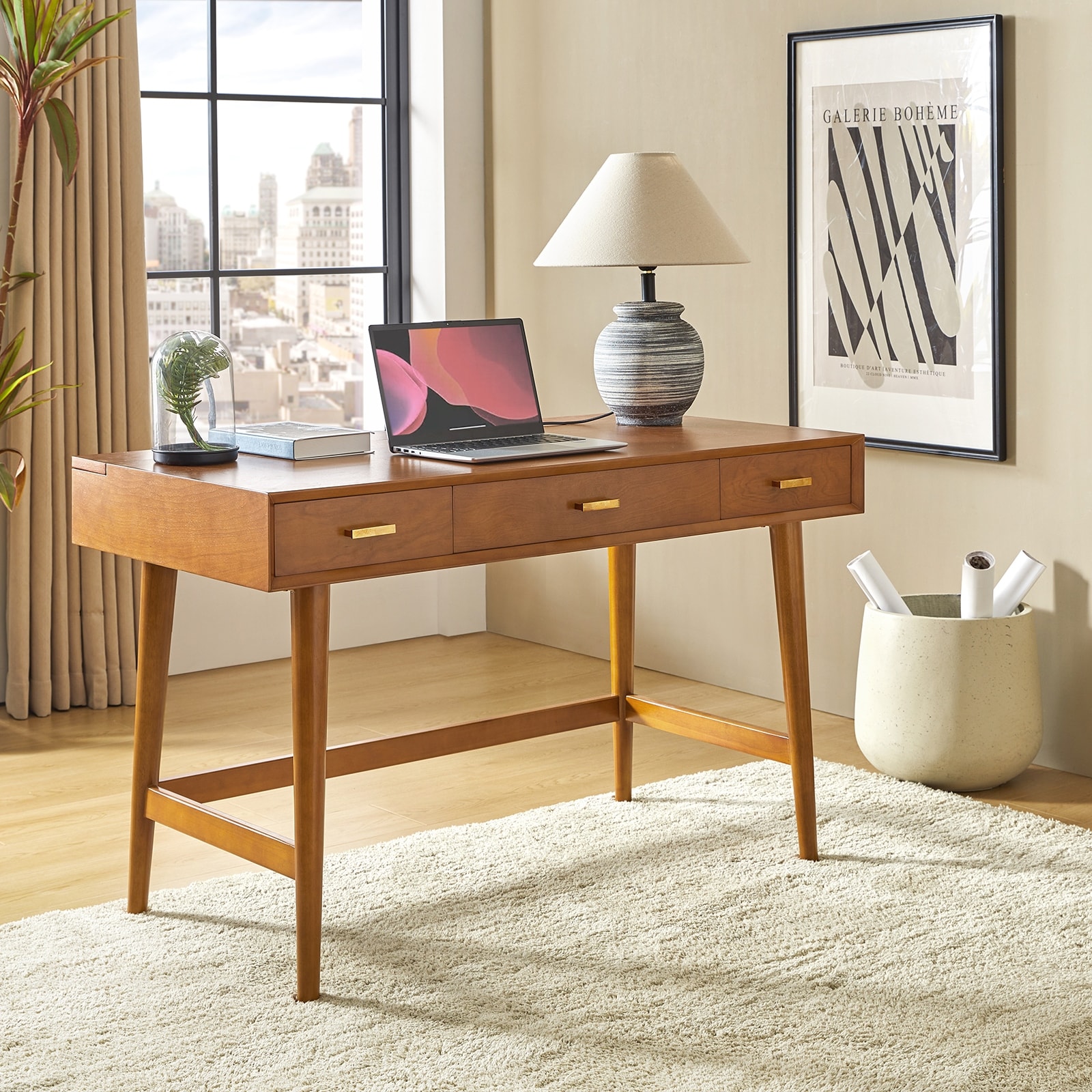 HULALA HOME Erich Mid Century Modern 48" Computer Desk with USB