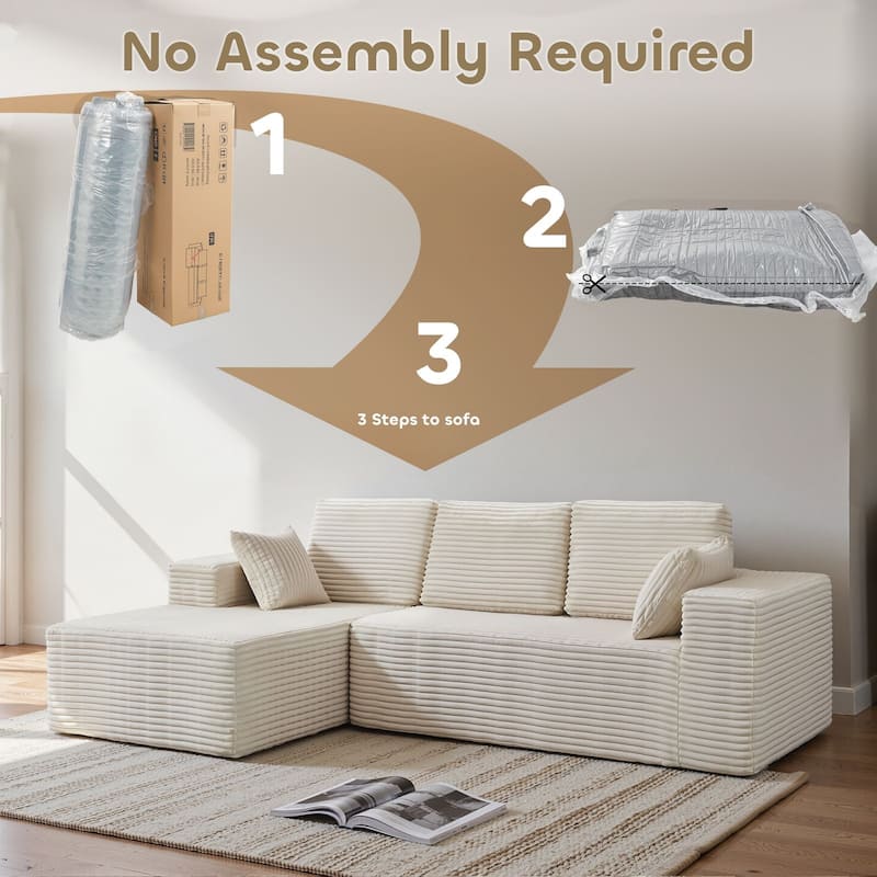 Gymojoy 108" Compressed Sofa Sectional Couch, 1400lbs Weight Capacity L-Shape Chaise Corduroy Couch for Living Room, No Assembly