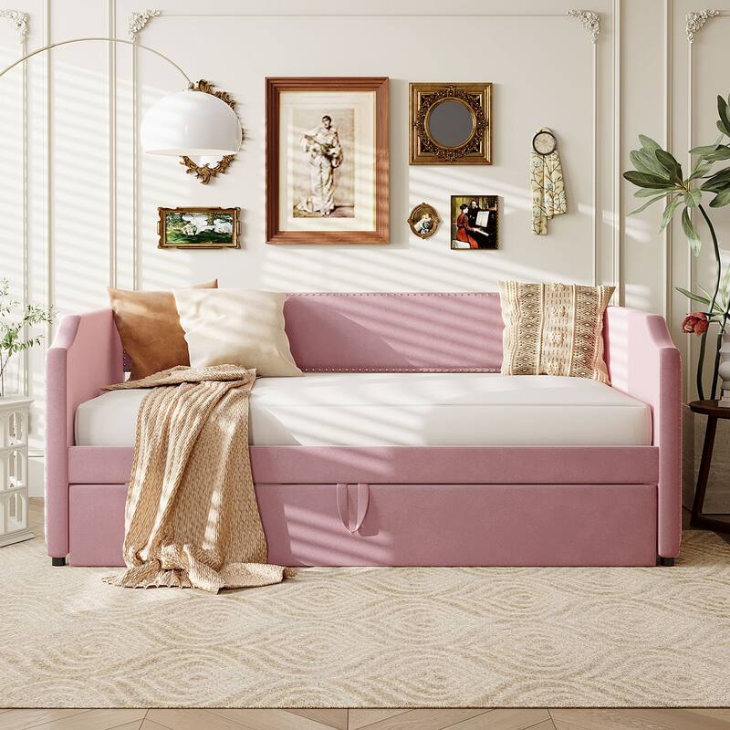 Twin Size Velvet Upholstered Daybed with Pop Up Trundle Pink - Pink