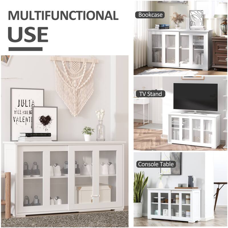 White Kitchen Sideboard Buffet with Sliding Glass Doors and Adjustable Shelf for Dining Room Storage - 42.25" x 13" x 24.5"