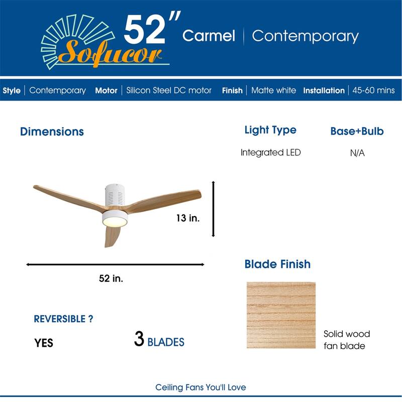 52" Flush Mount Wood Ceiling Fan with Dimmable LED Light and Remote Control