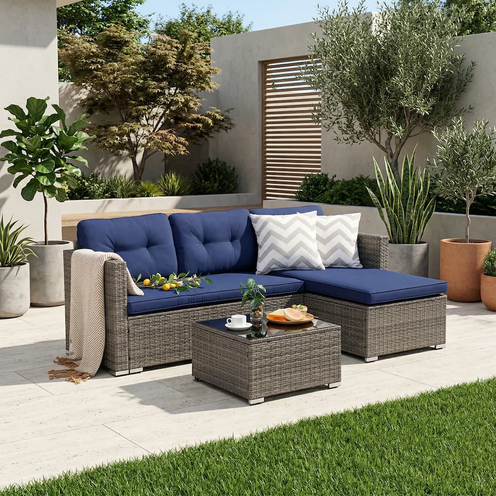 L-Shaped Outdoor Sectional Sofa, PE Wicker Patio Sofa Set with Table and Cushions