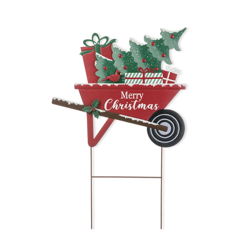 Glitzhome 30"H Metal Merry Christmas Wagon Yard Stake Wall Decor