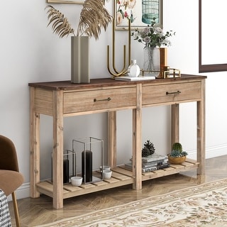 Oak Wood 2-Drawer Entryway Console Table with Slatted Shelf - Bed