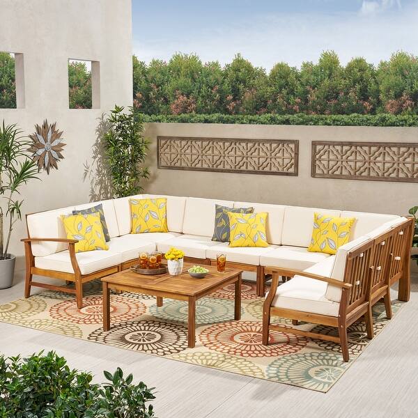 slide 2 of 24, Perla 9-seater Acacia Wood Sectional Sofa Set by Christopher Knight Home