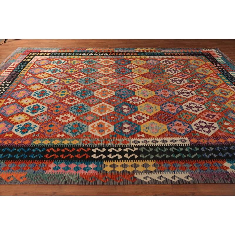 All-Over Geometric Kilim Oriental Area Rug Hand-Woven Wool Carpet - 9'10"x 12'8"