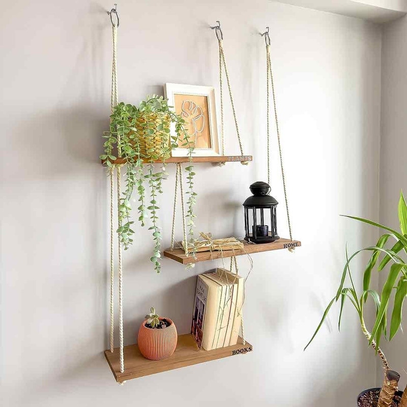 Boho Shelves Hanging Plant Shelf Rope Shelf for Wall Decor Hanging Wall Shelves for Bedroom Decor yellow