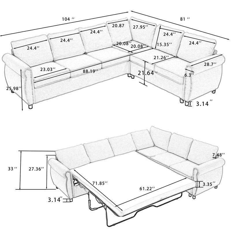 104'' 6-Seat L-Shaped Sectional Sleeper Sofa 2-in-1 Pull Out Couch Bed