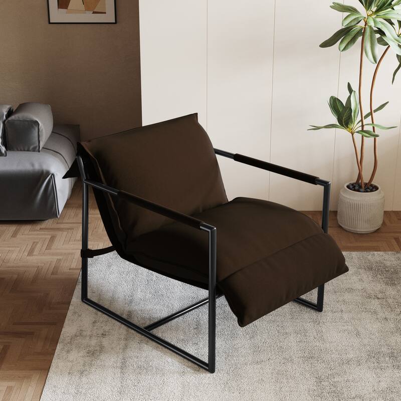 Mid-century Metal Sling Upholstered Armchair with Lengthen Upholstered - Brown