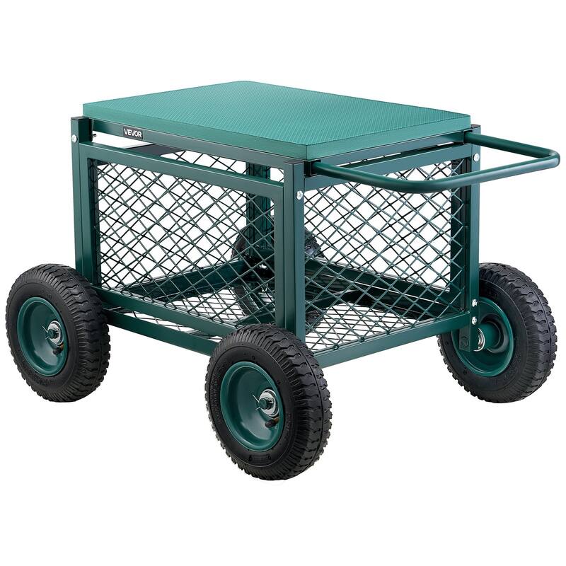 Green and Black Heavy-Duty All Metal Rolling Garden Cart with EVA Seat and Rubber Wheels - 19.1 x 14.5 x 16.53 inch