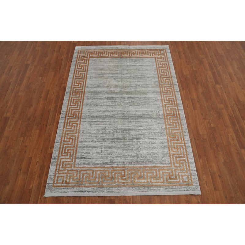 Machine Made Oriental Polyester Carpet Geometric Greys & Charcoal Distressed Area Rug - 7' 5'' X 5' 2''
