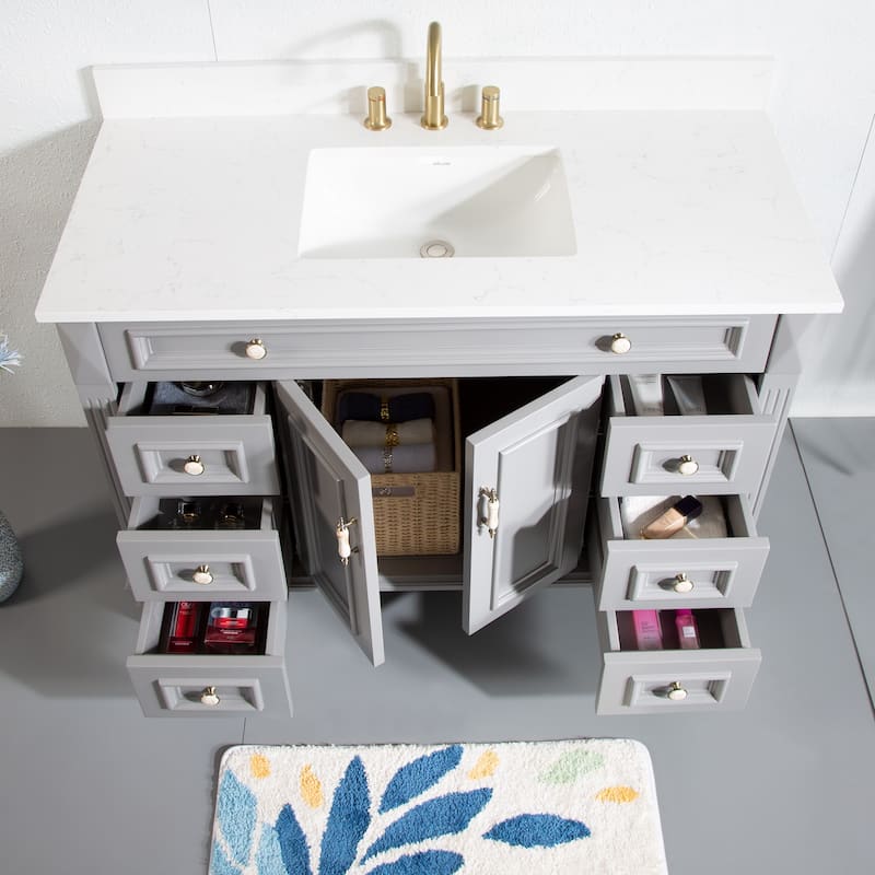 35'' H X48''W Solid Wood Bath Vanity with Stain-resistant Carrera White Quartz Top and Single Sink