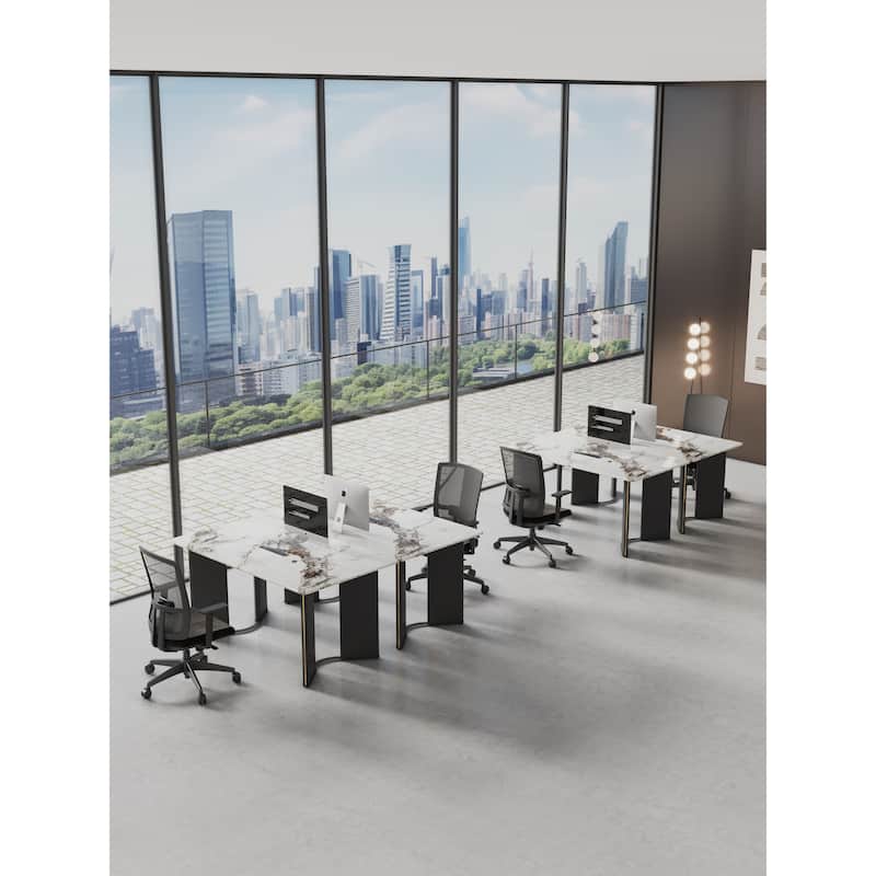 Modern minimalist dining table. White imitation marble glass sticker desktop, stainless steel legs