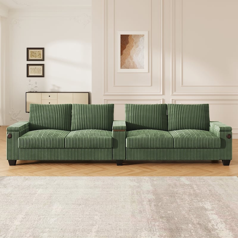 4-Seater Modern Corduroy Sofa Couch with USB Ports, Hidden Storage, and Flip-Top Cup Holders - Green