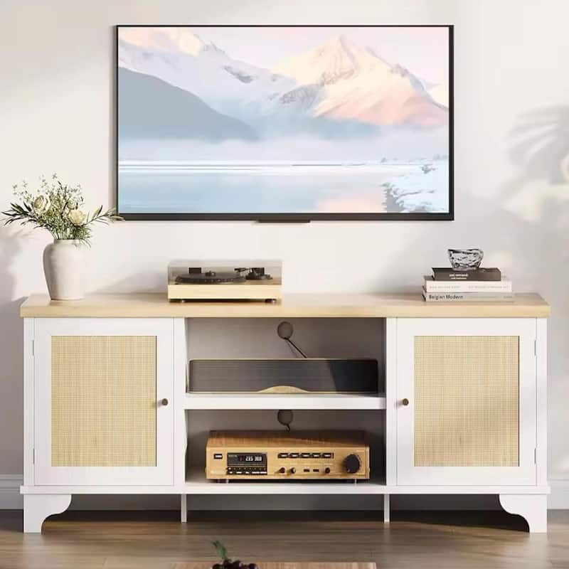 Farmhouse Entertainment Center Rattan TV Stand Fits TVs Up to 70 Inches for Living Room - N/A - White