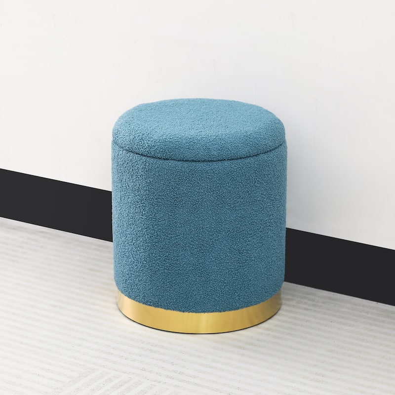 Adeco Velvet Round Storage Stool Gold Plating Base Storage Ottoman - Blue