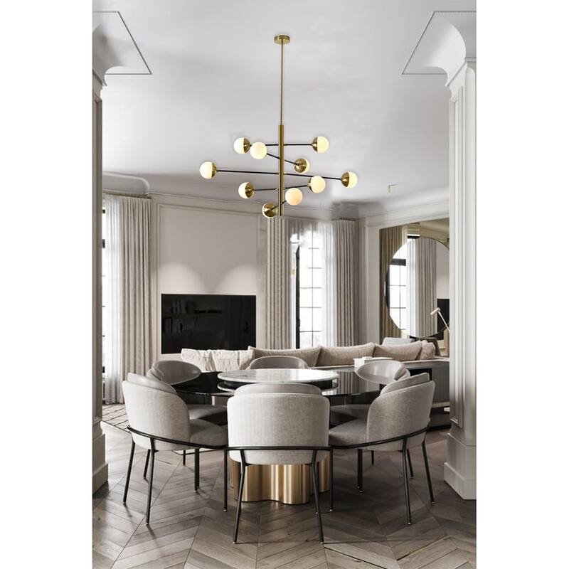 10-Light Brass And Black Chandelier With Glass Shades