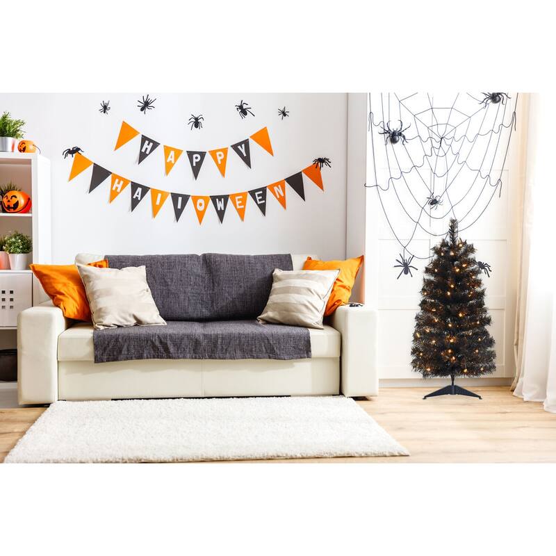 Haunted Hill Farm 3-Ft. Spooky Black Tinsel Tree, Warm White LED Lights
