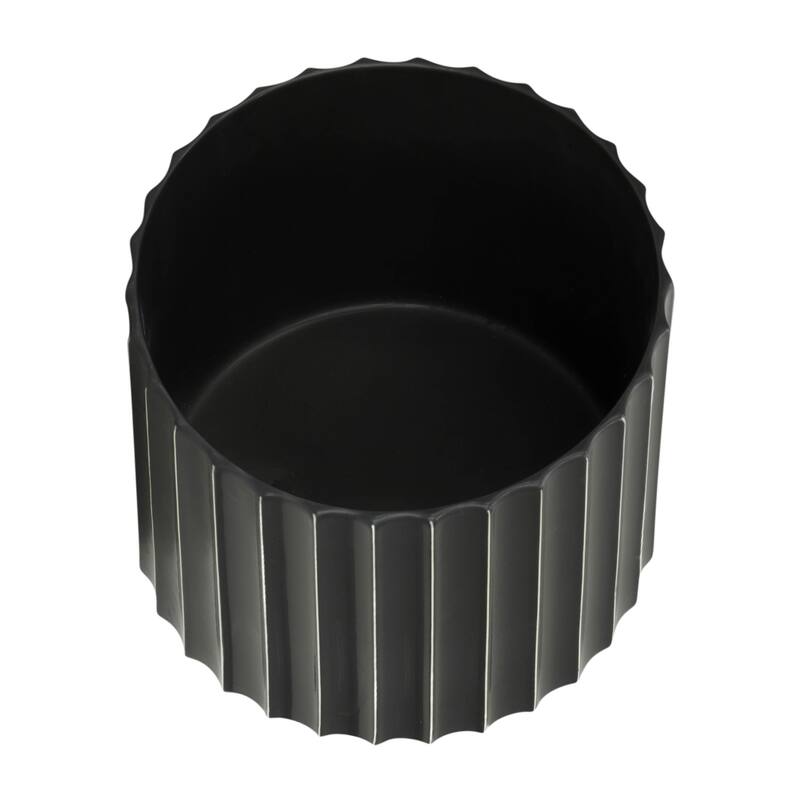 Ceramic Fluted Planter with Wood Stand - Black