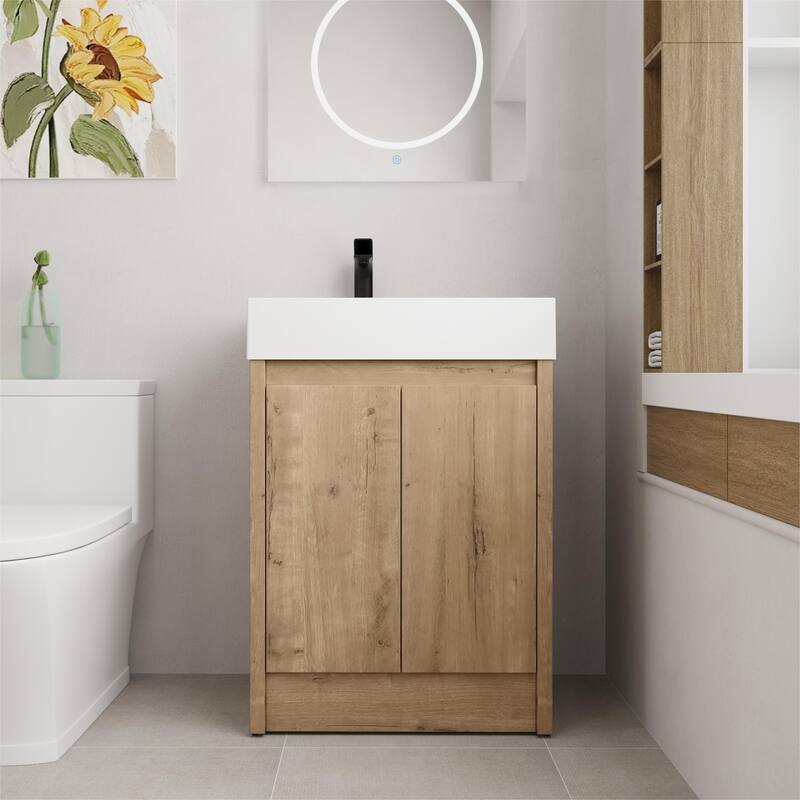 BNK 24/30/48/60 inch Freestanding Resin Sink Bathroom Vanity with Soft Close Door and Adjustable Shelf - 23.6''W×18.1''D×35''H - Imitative Oak-Left Basin