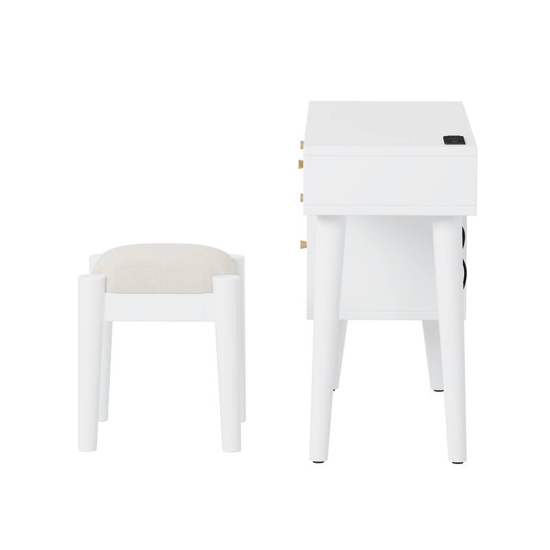 2-Piece Makeup Vanity Set with Upholstered Stool, Makeup Vanity Dressing Table with Power Outlet & USB Port (No Mirrors)