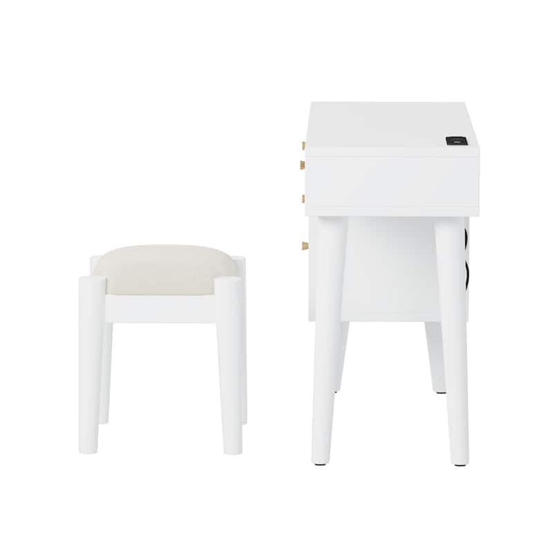 39" Retro Bohemian Style Wooden Makeup Vanity Set with Charging Plug & USB Port and Stool, Dressing Table