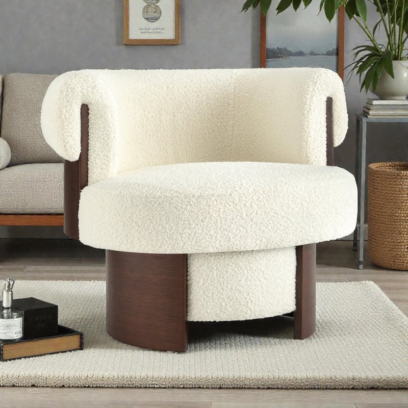 Modern 32'' Curved Sculptural Swivel Barrel Chair, 360° Swivel Base, Upholstered Accent Chair
