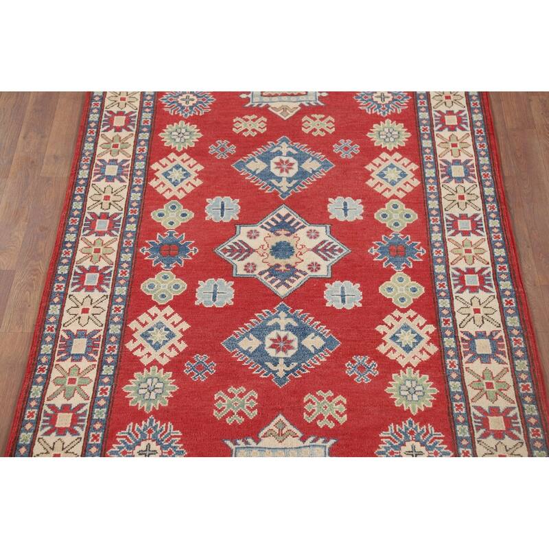 Red Geometric Kazak Oriental Accent Rug Hand-Knotted Wool Carpet - 3'11" x 6'3"
