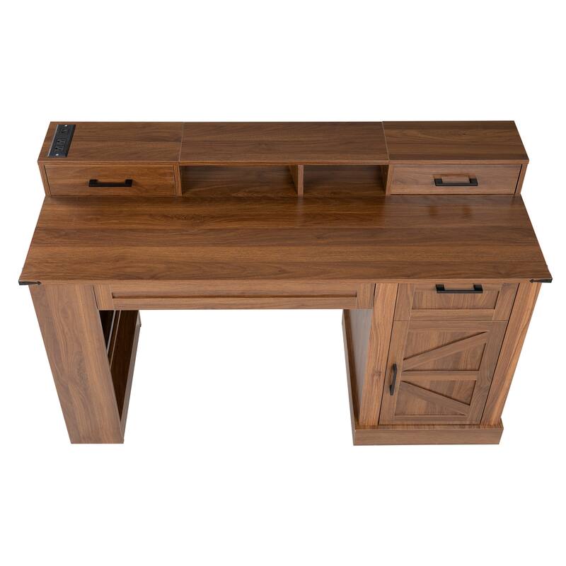 55" Farmhouse Office Desk Workstation with Storage Cabinet, Computer Writing Desk Table with Charging Station, Keyboard Tray