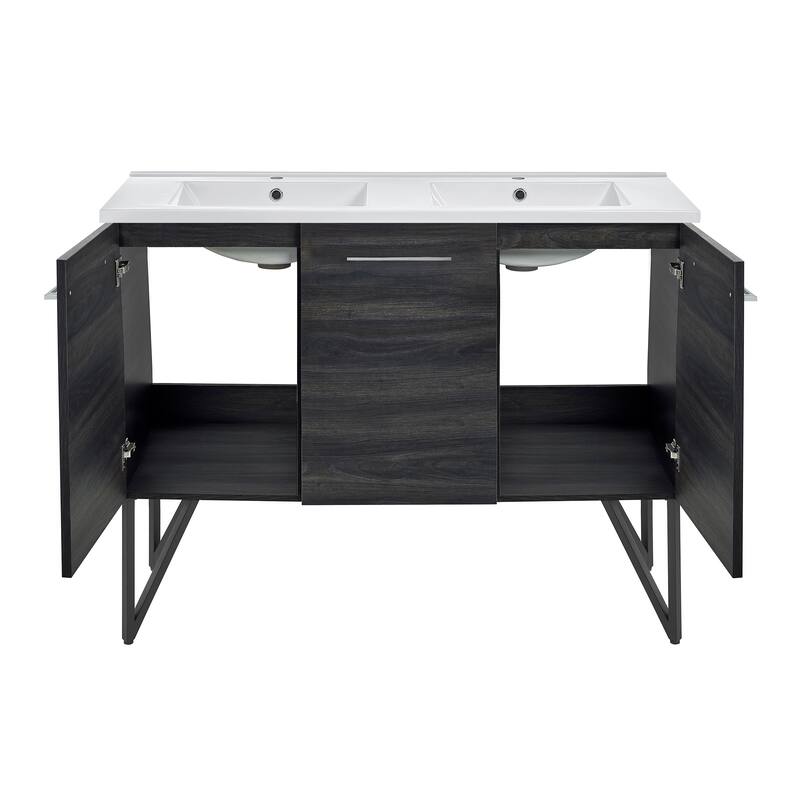 Annecy 48 In. Black Walnut, Double Basin Bathroom Vanity With White Ceramic Sink Top