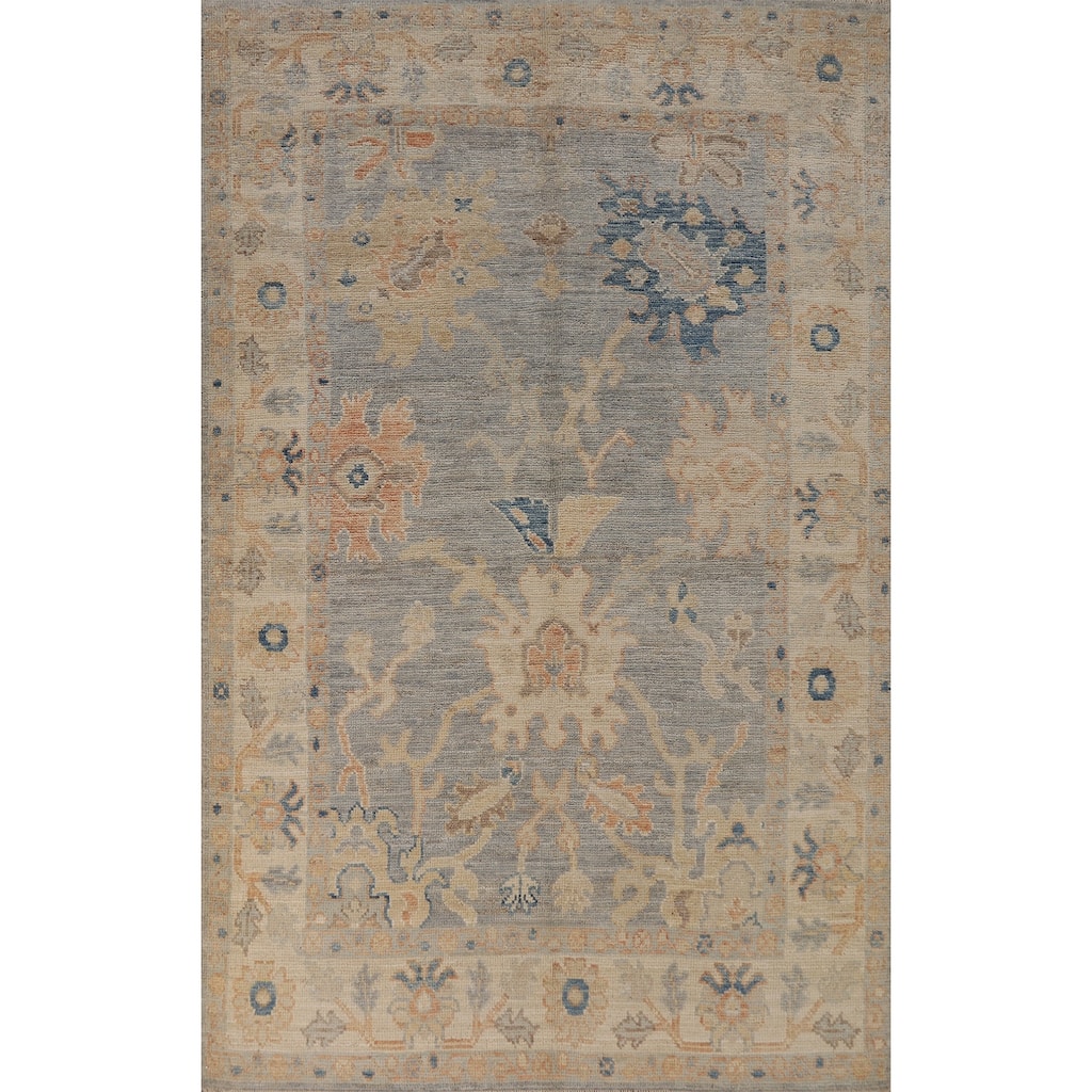 Vegetable Dye Oushak Turkish Rug Handmade Bedroom Grey Wool Carpet - 4'2"x 6'11"