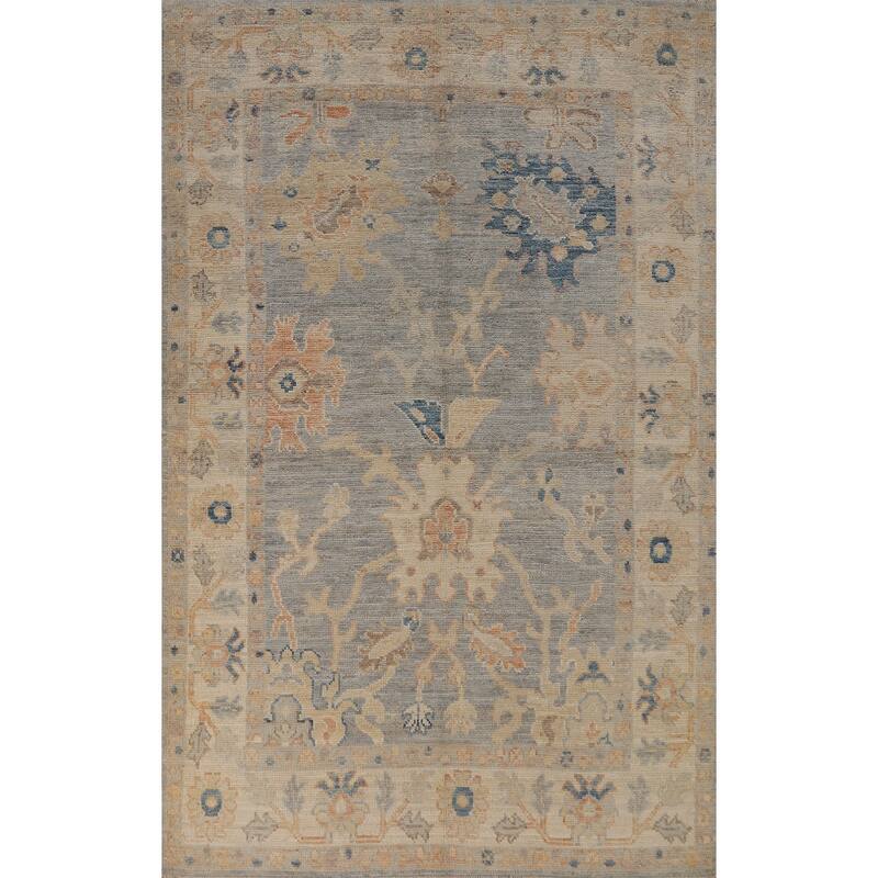 Vegetable Dye Oushak Turkish Rug Handmade Bedroom Grey Wool Carpet - 4'2"x 6'11"