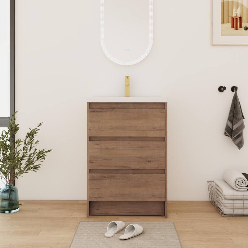 Bathroom Vanity With Sink In 24/72 Inch, Freestanding Bathroom Vanity With Soft Close Drawer and Adjustable Shelf - Imitative Oak - 23.63''W×35.25''D×18.13''H