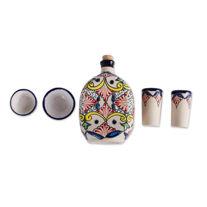 NOVICA Artisan Handblown Ceramic Tequila Set Mexican Multicolor Drinkware Shot Glasses 'Talavera Beverage'(Set of 5)